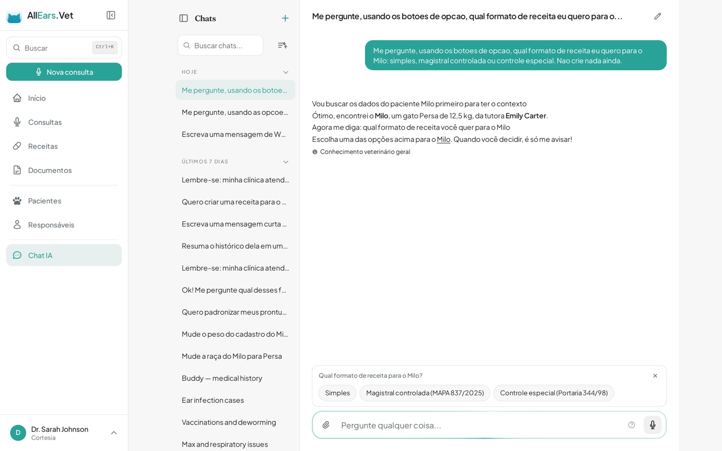 Chat perguntando com botões de opção