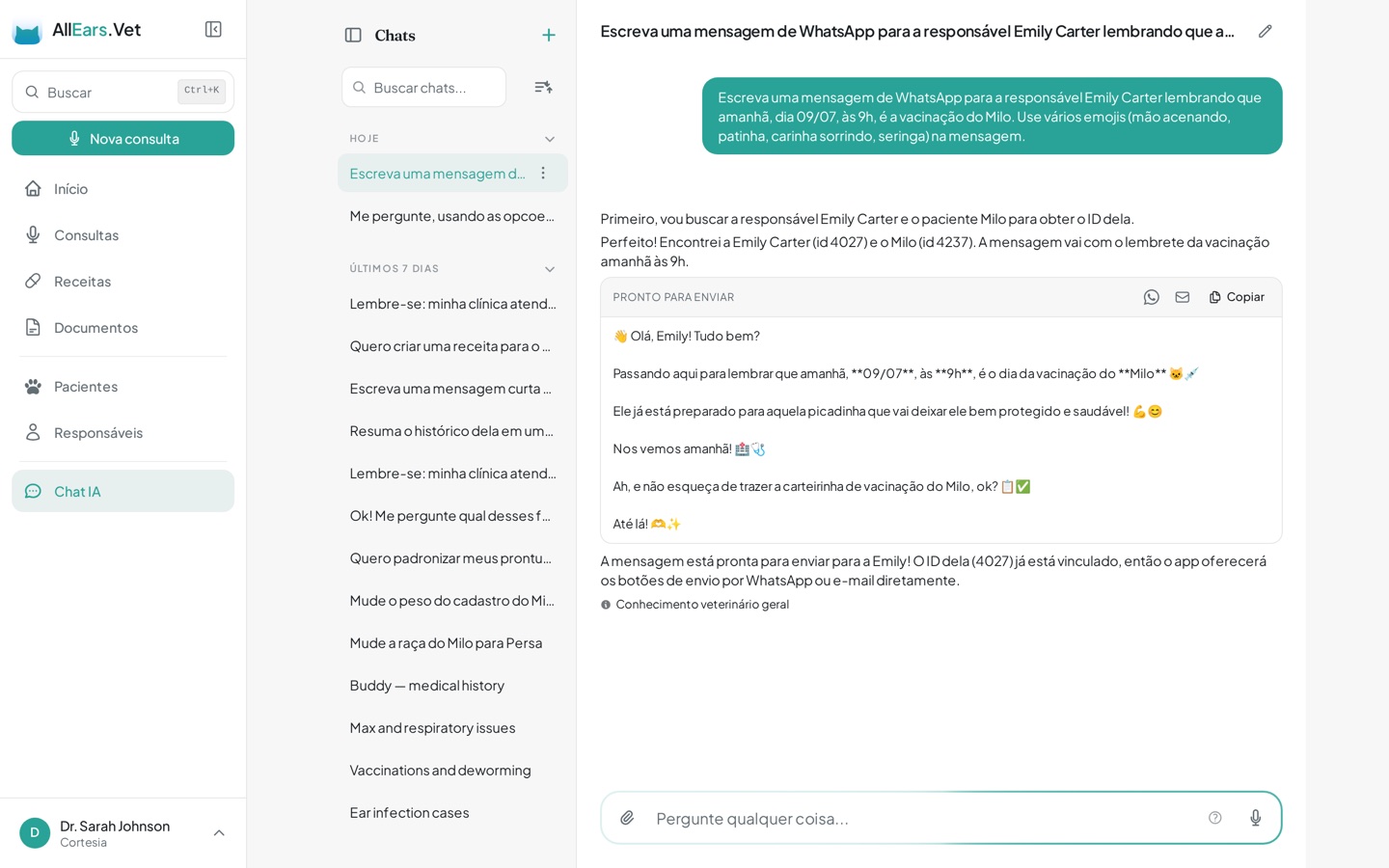 Caixa de mensagem pronta para enviar ao responsável por WhatsApp ou e-mail