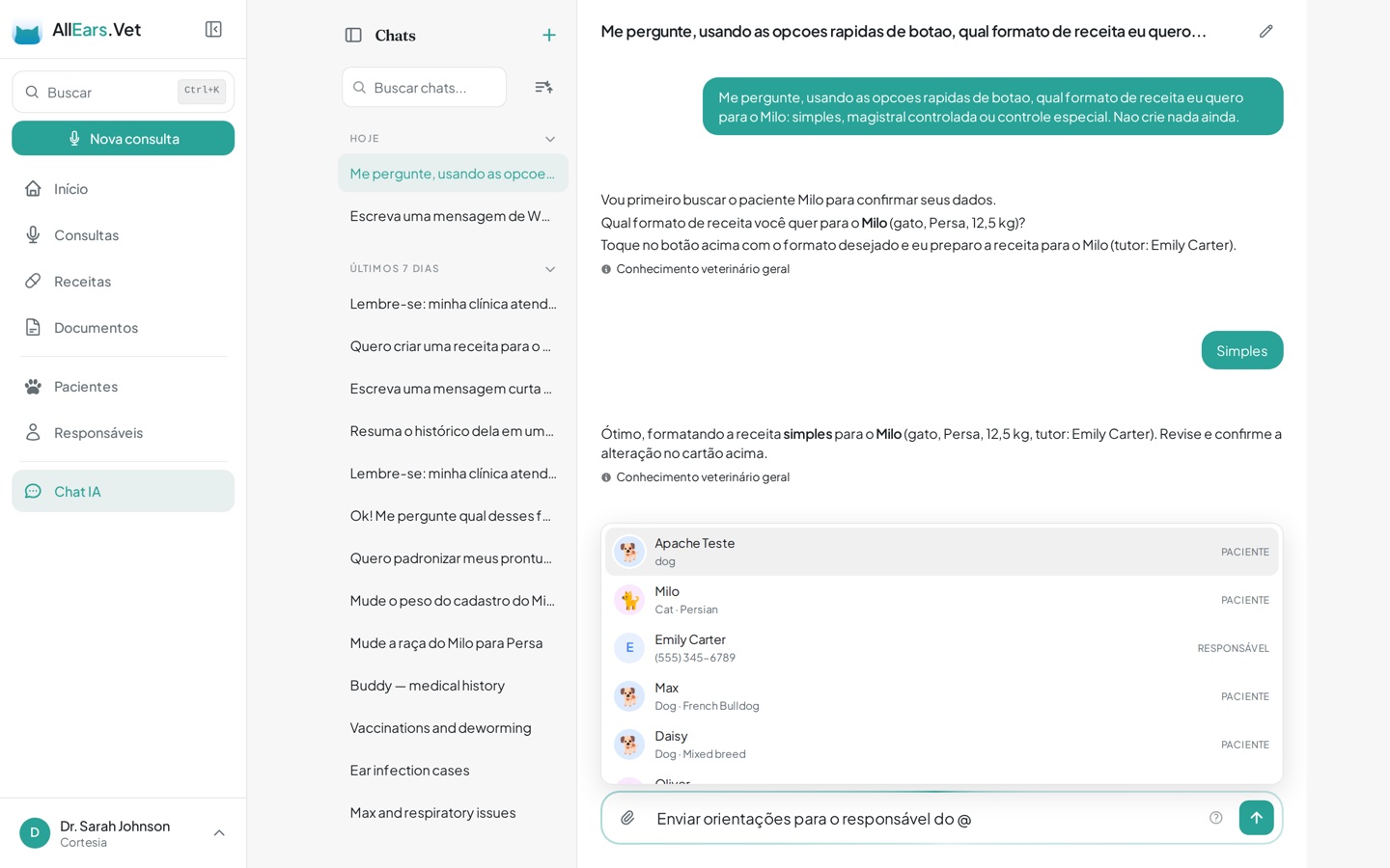 Menção com @ no Chat listando pacientes e responsáveis