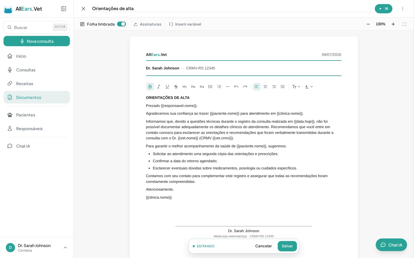 Editor de documento com assistente de IA e formatação de texto