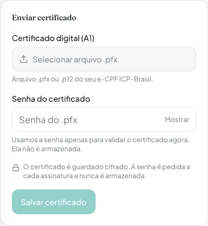 AllEars.Vet Settings → Digital signature screen: form to upload the A1 (.pfx/.p12) certificate and the password field
