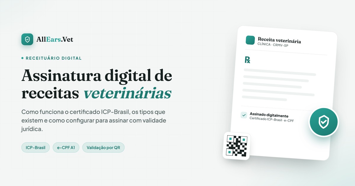 Illustration of a digital veterinary prescription with an ICP-Brasil signature seal, a validation QR code and the AllEars.Vet logo